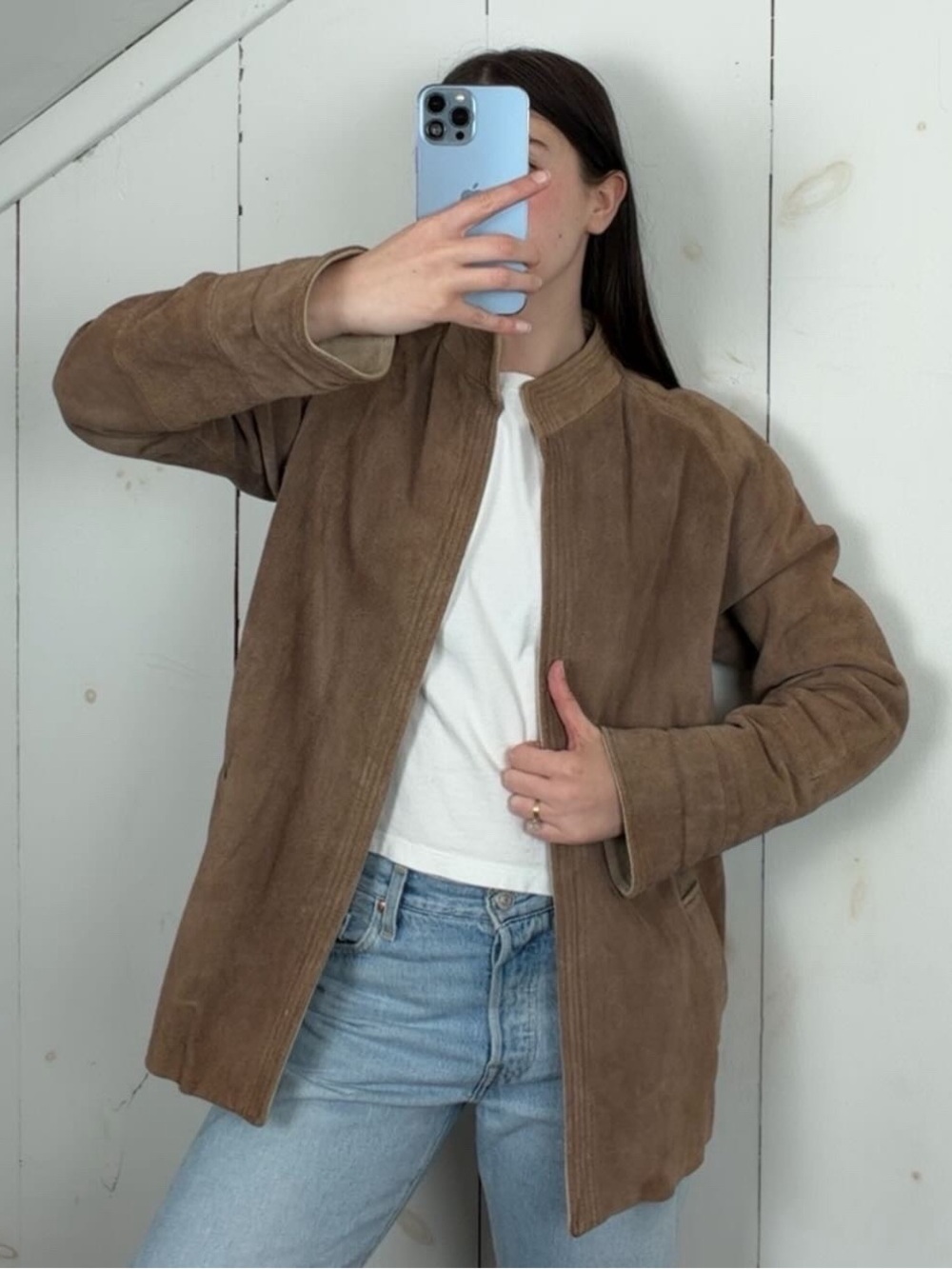 Vintage Lesoleil Suede Leather Open Front Jacket Women’s Small High‎ Collar 90s
